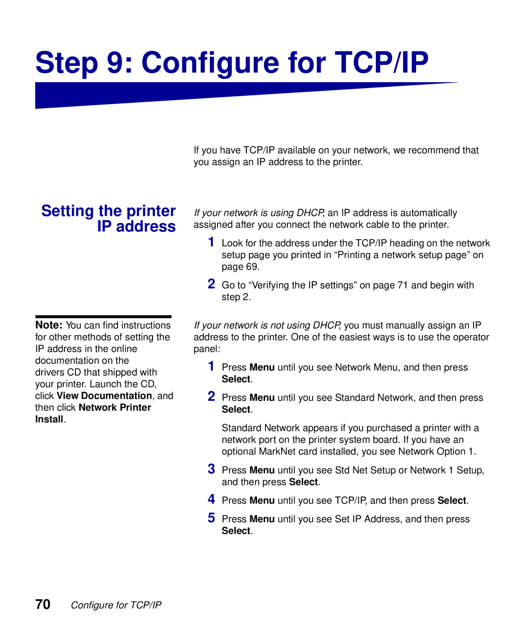 Lexmark S510-2222-00 setup guide Configure for TCP/IP, Setting the printer IP address 