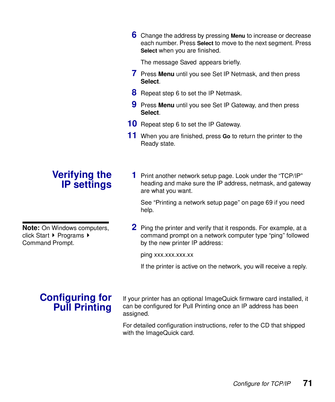 Lexmark S510-2222-00 setup guide Verifying IP settings Configuring for Pull Printing 