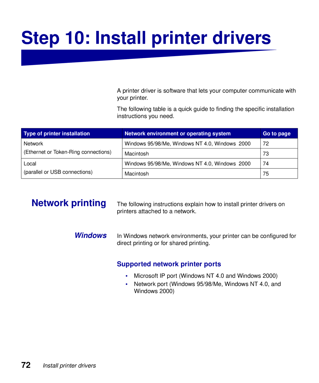 Lexmark S510-2222-00 setup guide Install printer drivers, Network printing, Windows 