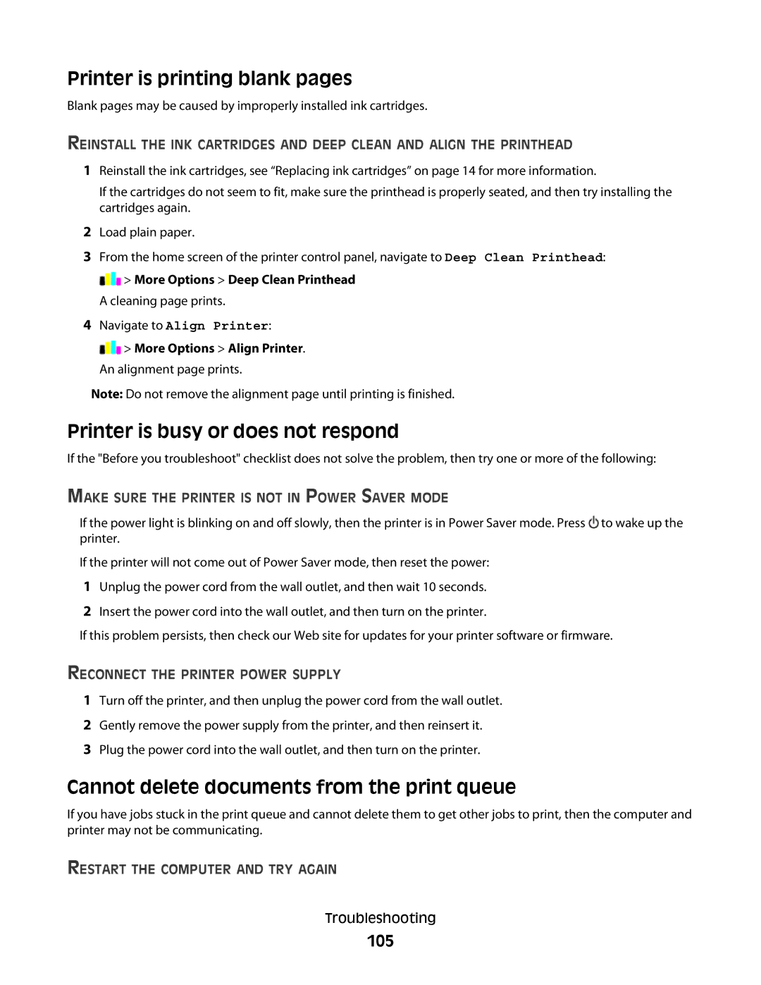 Lexmark S600 Series manual Printer is printing blank pages, Printer is busy or does not respond, 105 