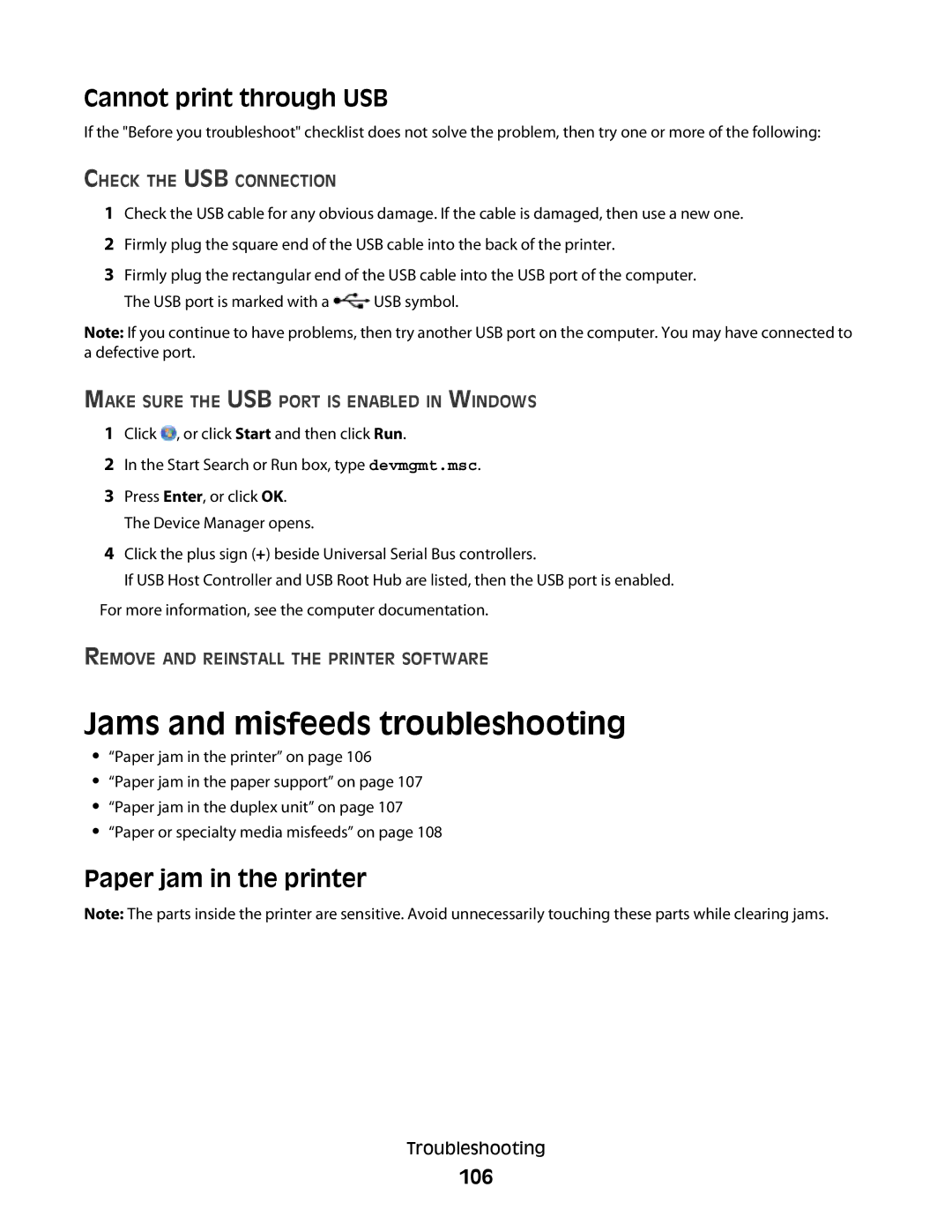 Lexmark S600 Series manual Jams and misfeeds troubleshooting, Cannot print through USB, Paper jam in the printer, 106 