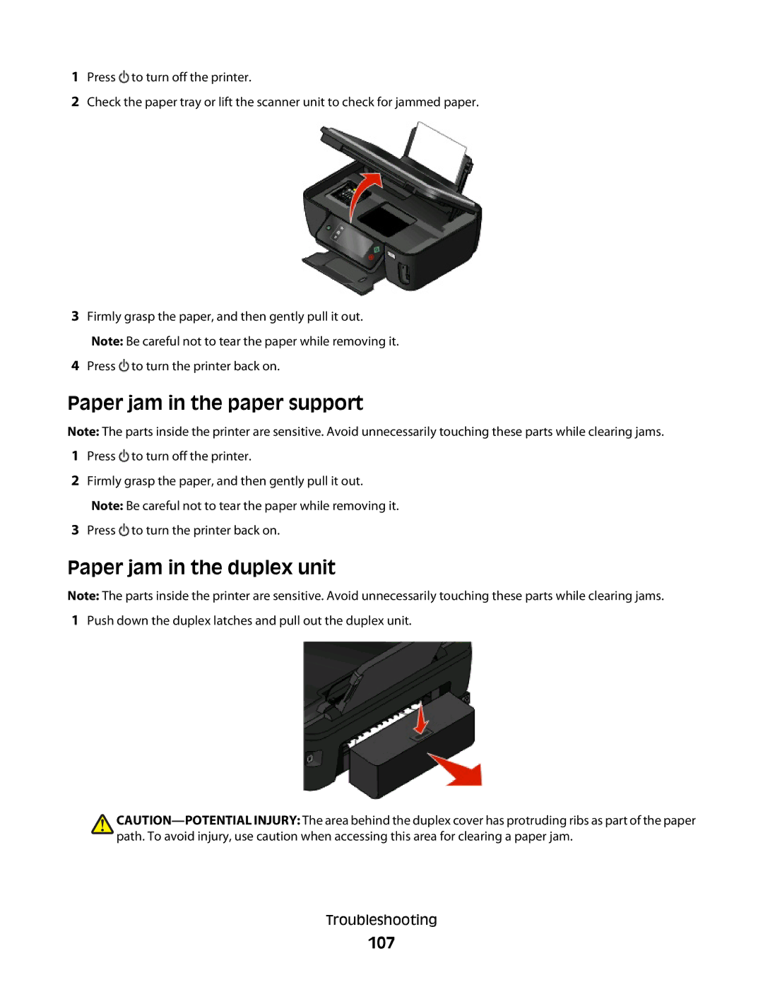 Lexmark S600 Series manual Paper jam in the paper support, Paper jam in the duplex unit, 107 