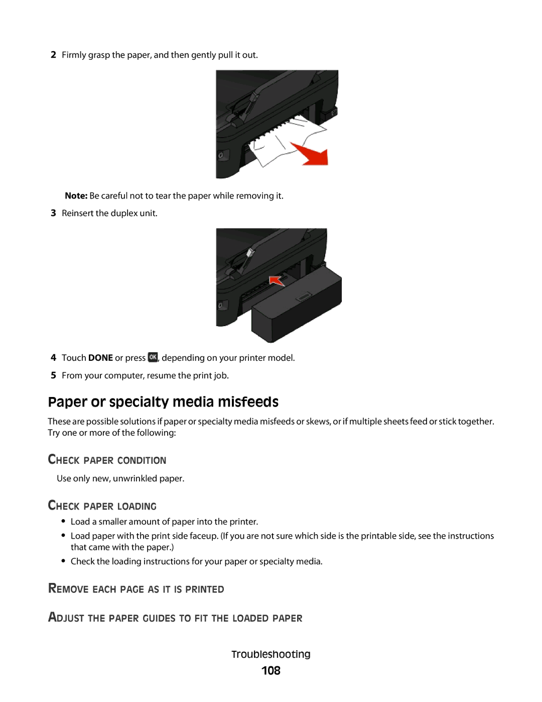 Lexmark S600 Series manual Paper or specialty media misfeeds, 108, Check Paper Condition, Check Paper Loading 