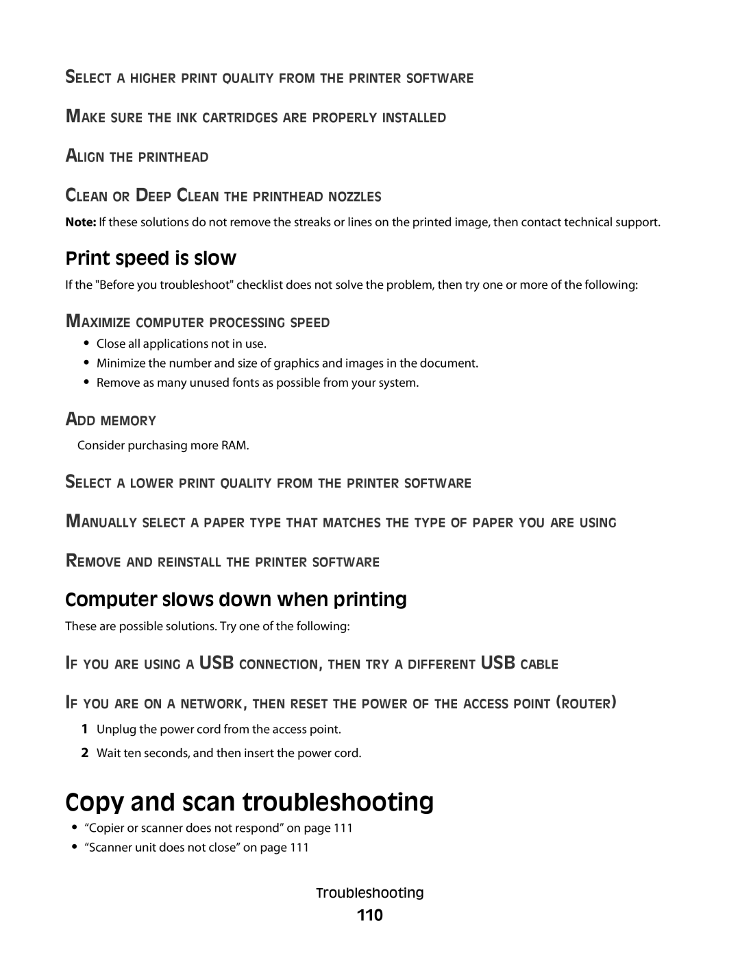 Lexmark S600 Series manual Copy and scan troubleshooting, Print speed is slow, Computer slows down when printing, 110 