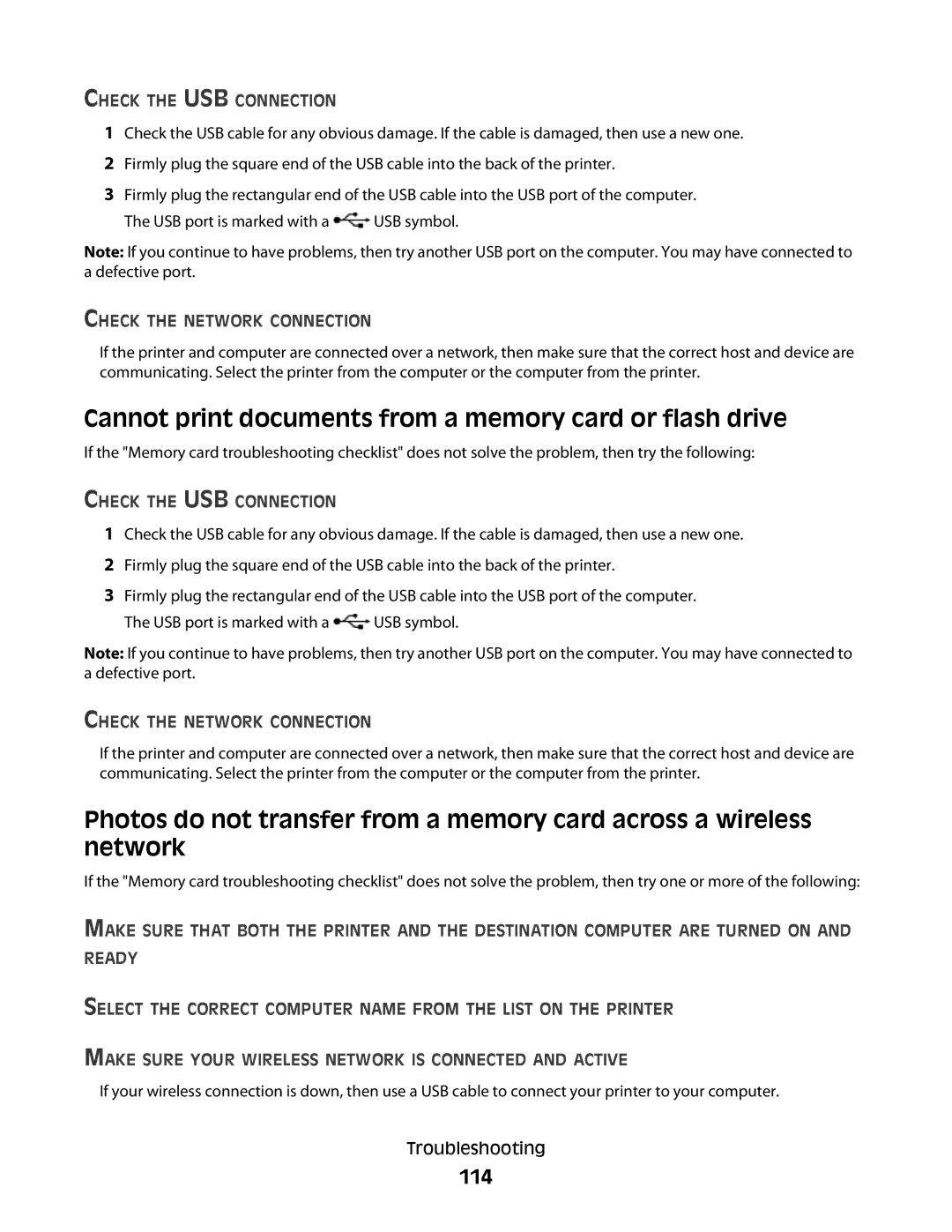 Lexmark S600 Series manual Cannot print documents from a memory card or flash drive, 114, Check the Network Connection 