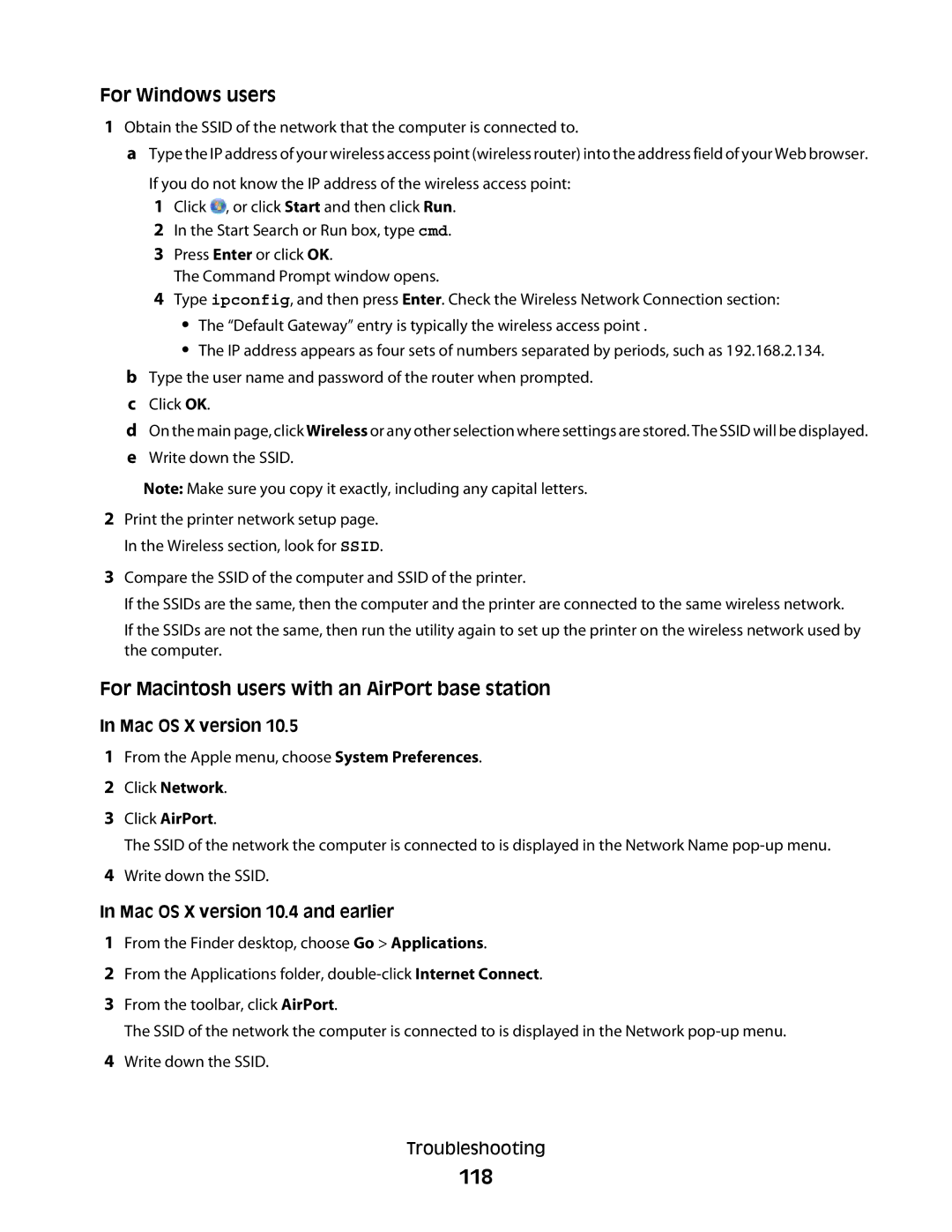 Lexmark S600 Series manual 118, For Macintosh users with an AirPort base station, Mac OS X version 10.4 and earlier 