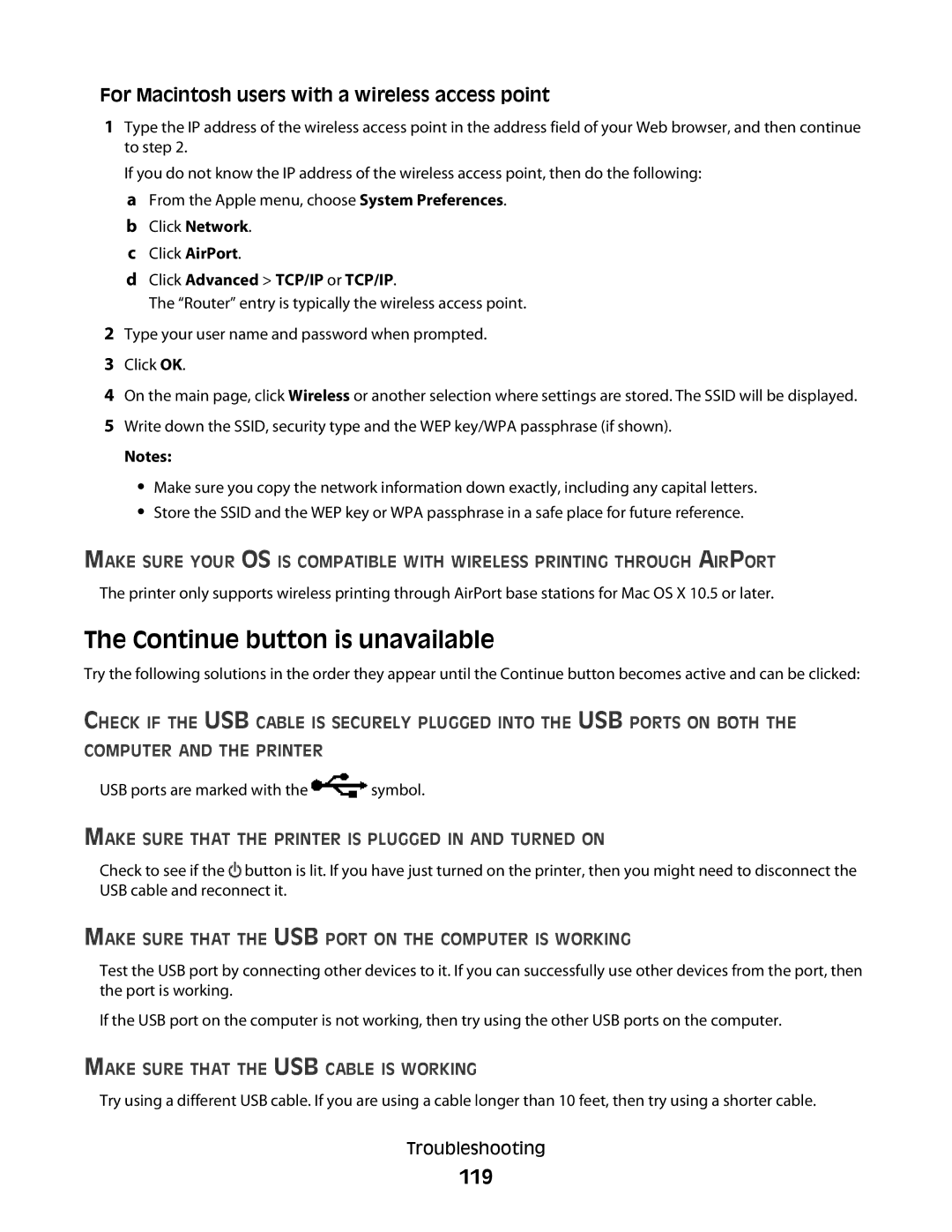 Lexmark S600 Series manual Continue button is unavailable, 119, For Macintosh users with a wireless access point 