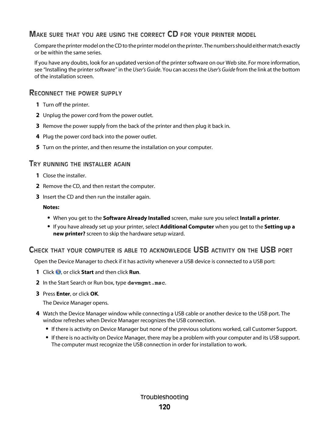 Lexmark S600 Series manual 120, Reconnect the Power Supply, TRY Running the Installer Again 