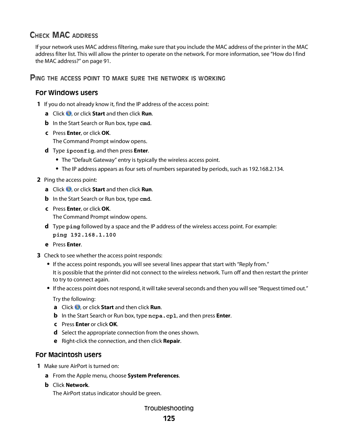 Lexmark S600 Series manual 125, Ping the Access Point to Make Sure the Network is Working 