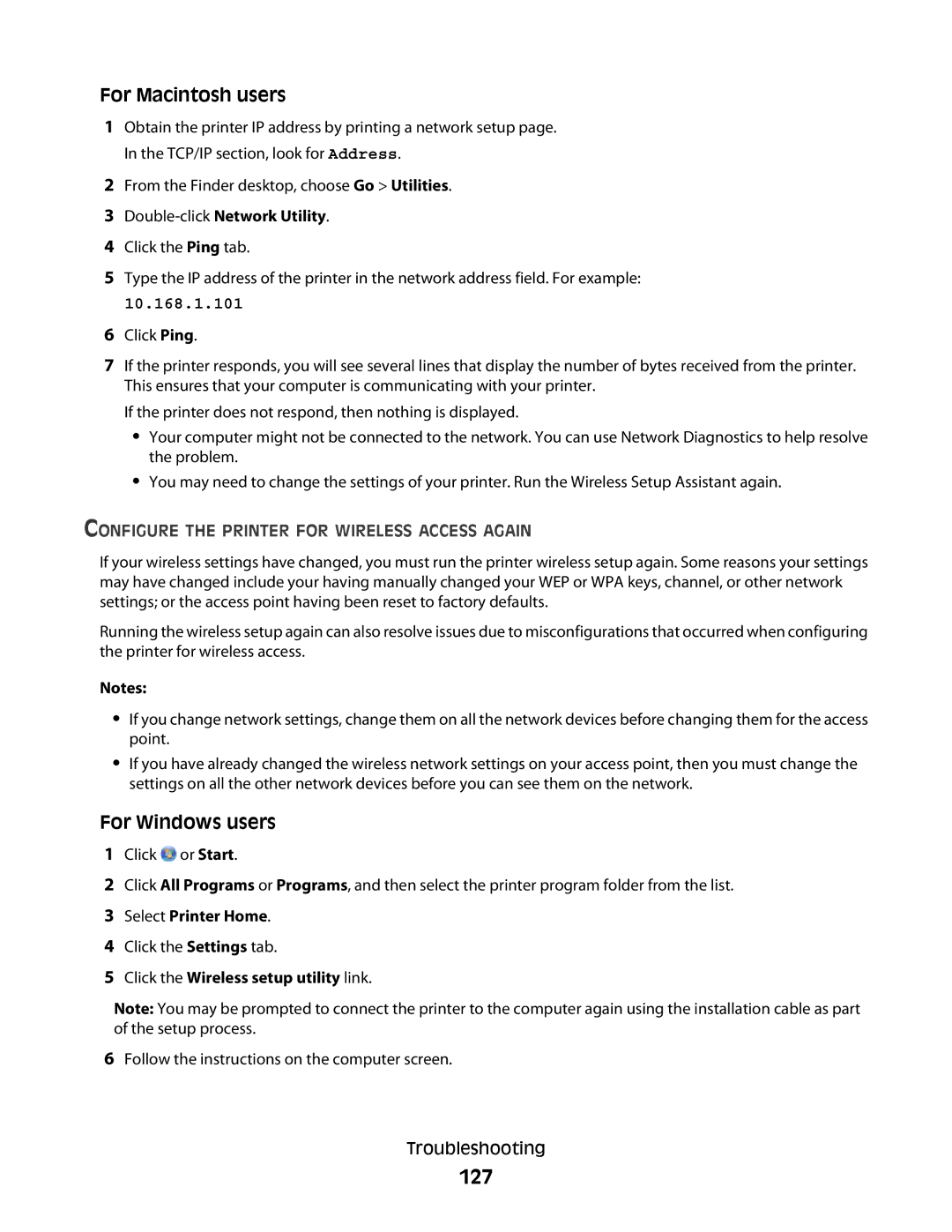 Lexmark S600 Series manual 127, Configure the Printer for Wireless Access Again 