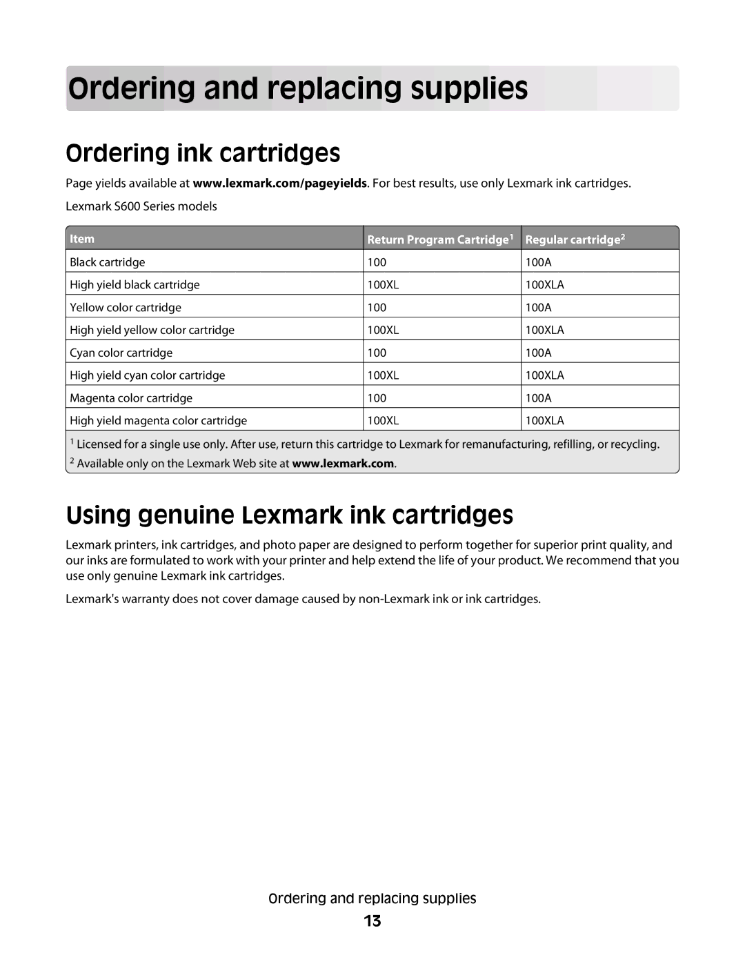 Lexmark S600 Series manual Ordering and replacing supplies, Ordering ink cartridges, Using genuine Lexmark ink cartridges 