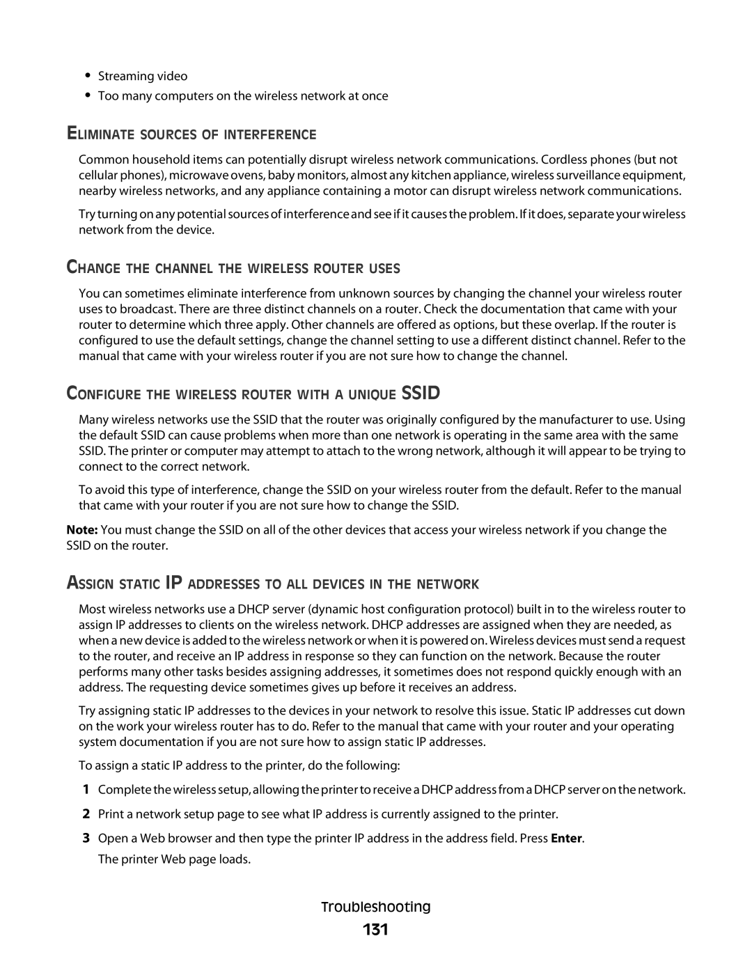 Lexmark S600 Series manual 131, Eliminate Sources of Interference, Change the Channel the Wireless Router Uses 