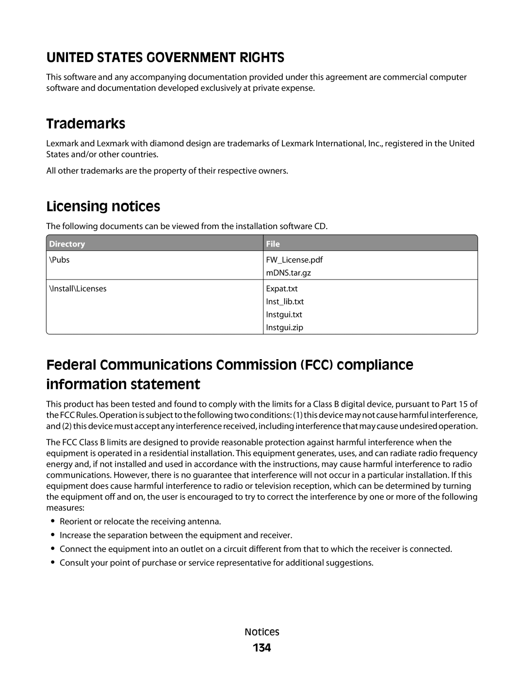 Lexmark S600 Series manual Trademarks, Licensing notices, 134 