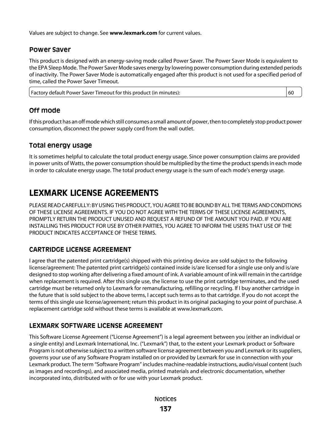 Lexmark S600 Series manual 137, Power Saver, Off mode, Total energy usage 