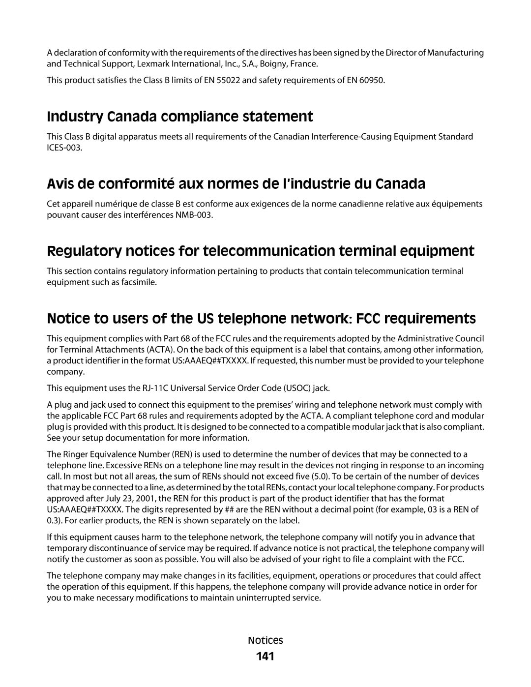 Lexmark S600 Series Industry Canada compliance statement, Avis de conformité aux normes de l’industrie du Canada, 141 