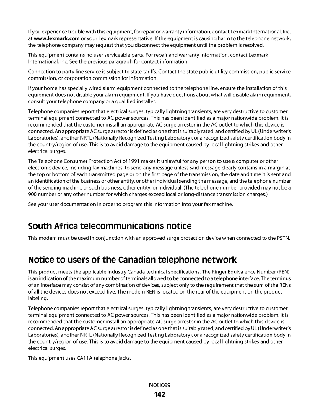 Lexmark S600 Series manual South Africa telecommunications notice, 142 