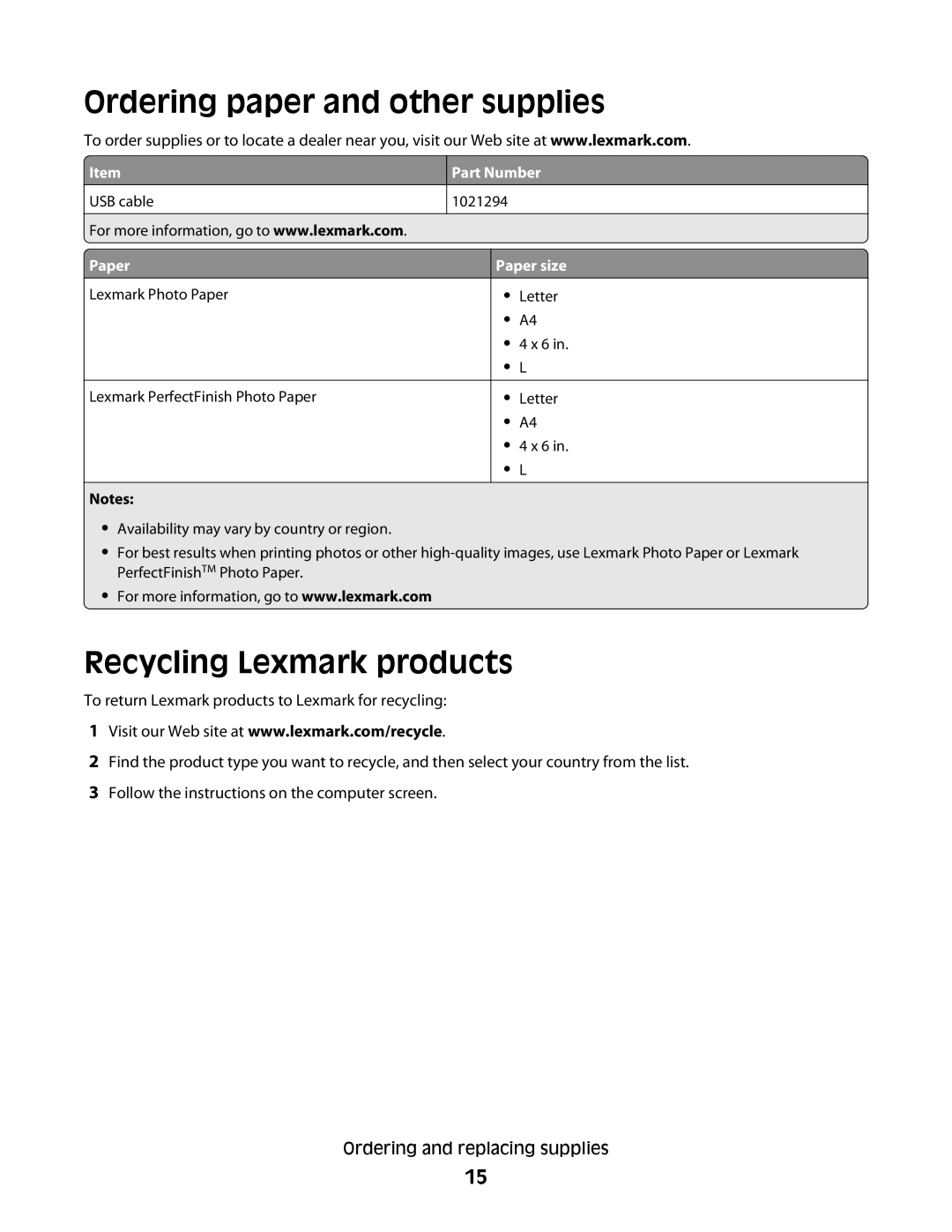 Lexmark S600 Series manual Ordering paper and other supplies, Recycling Lexmark products 