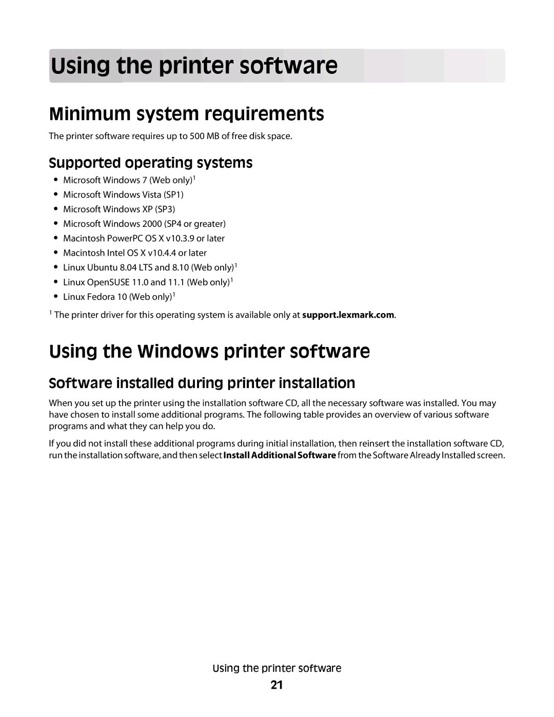 Lexmark S600 Series manual Using the printer software, Minimum system requirements, Using the Windows printer software 