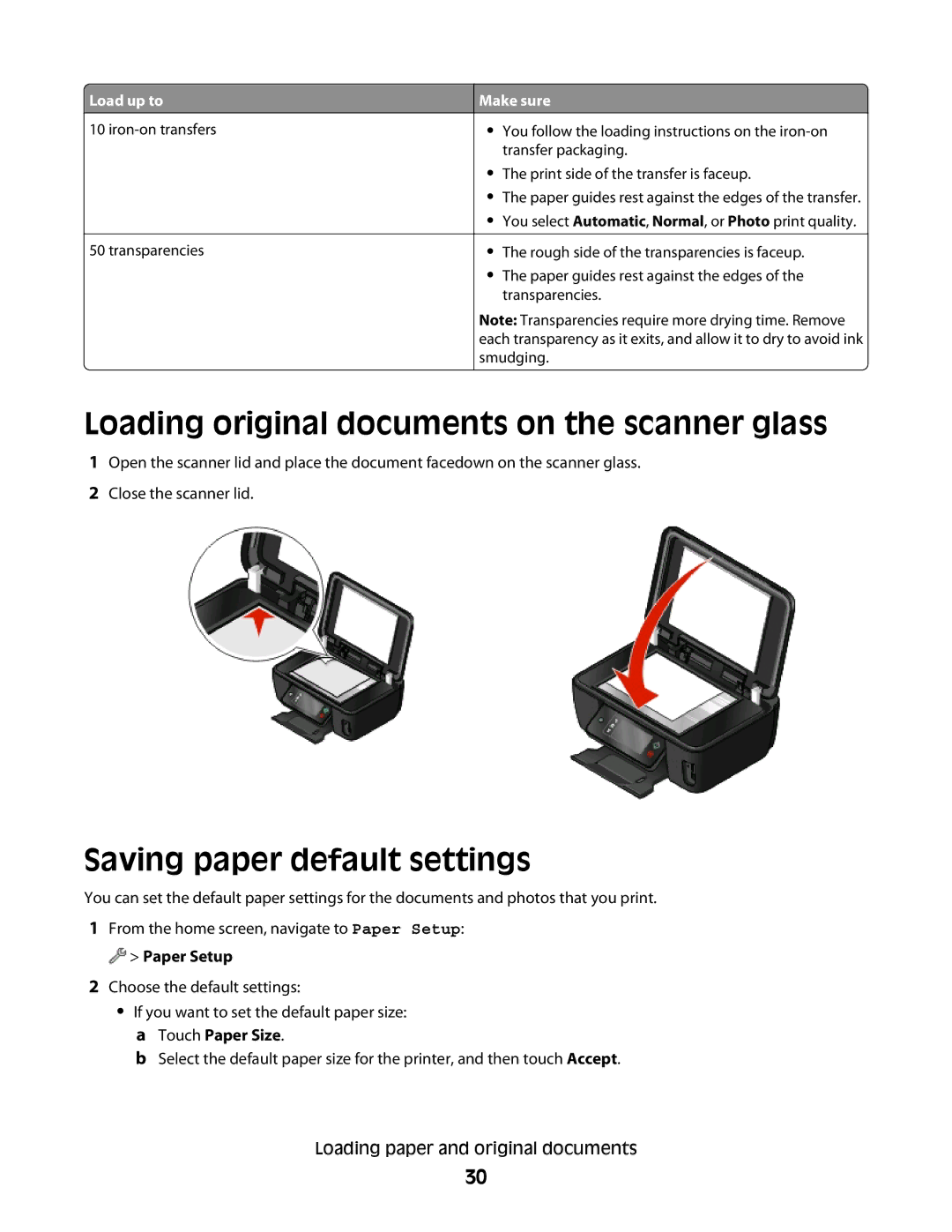 Lexmark S600 Series manual Loading original documents on the scanner glass, Saving paper default settings 