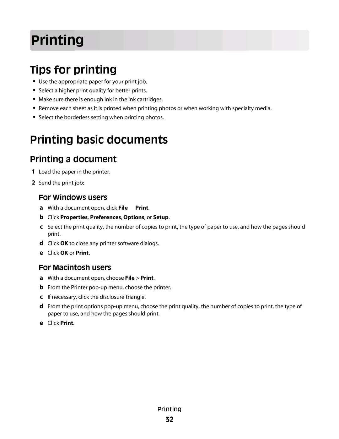 Lexmark S600 Series manual Tips for printing, Printing basic documents, Printing a document 