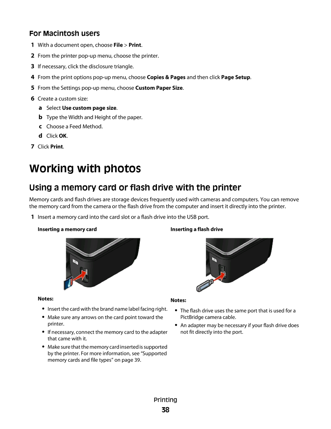 Lexmark S600 Series Working with photos, Using a memory card or flash drive with the printer, Select Use custom page size 