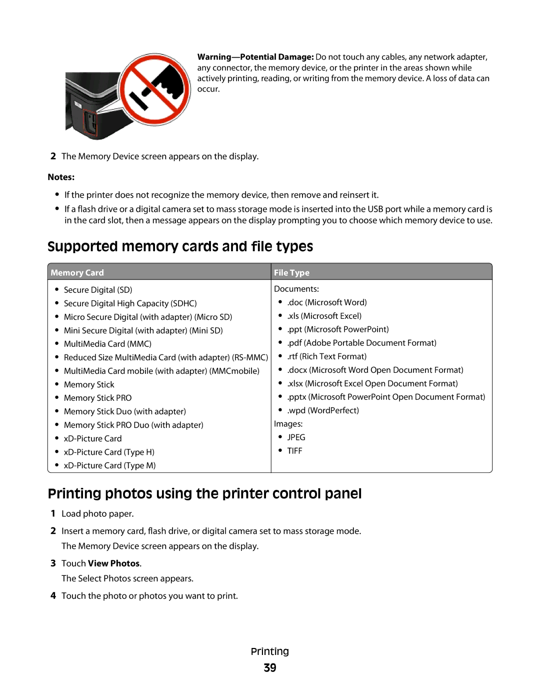 Lexmark S600 Series manual Supported memory cards and file types, Printing photos using the printer control panel 