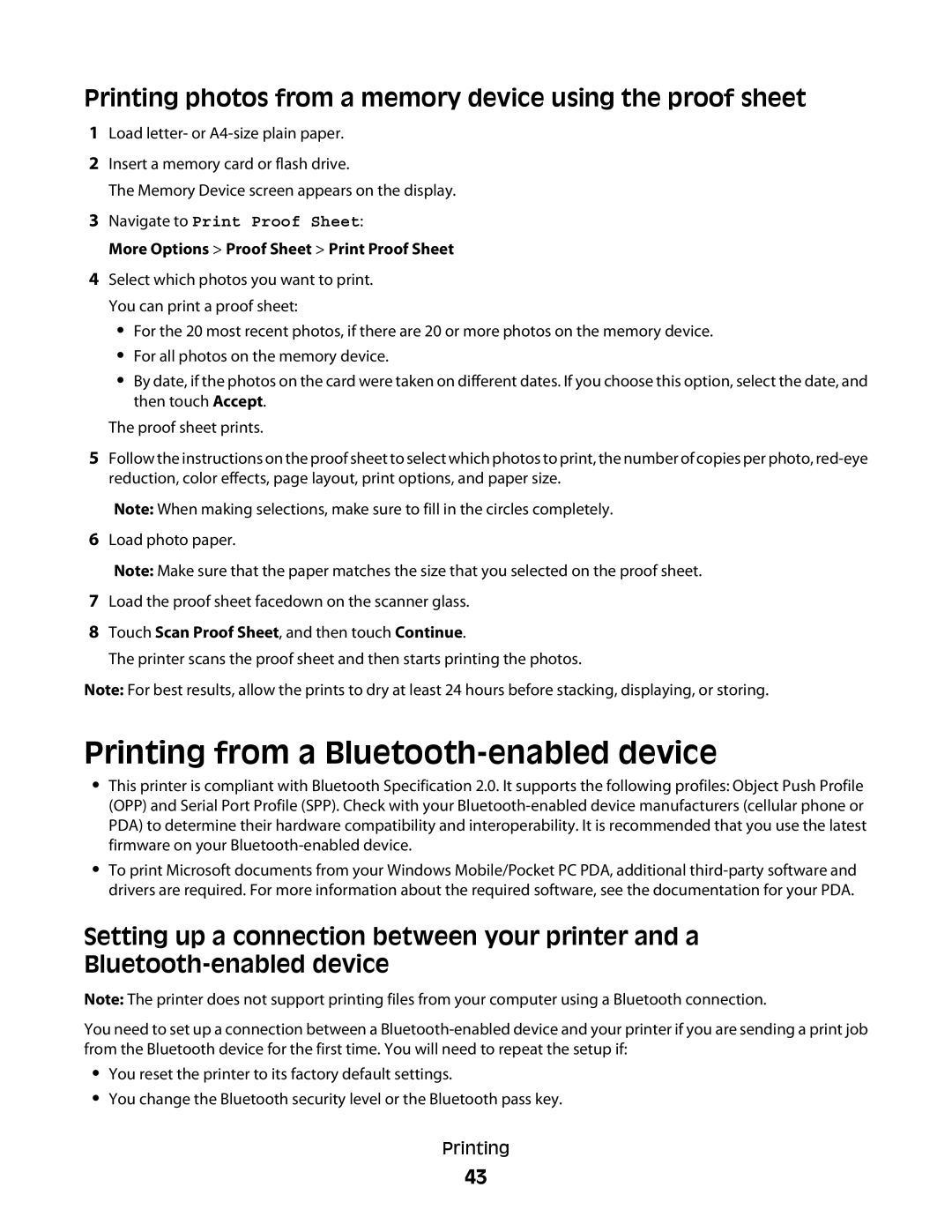 Lexmark S600 Series Printing from a Bluetooth-enabled device, Printing photos from a memory device using the proof sheet 