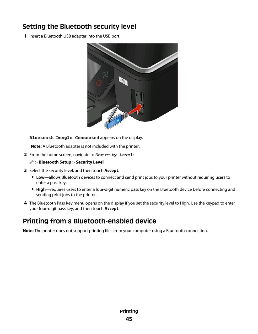 Lexmark S600 Series manual Setting the Bluetooth security level, Printing from a Bluetooth-enabled device 