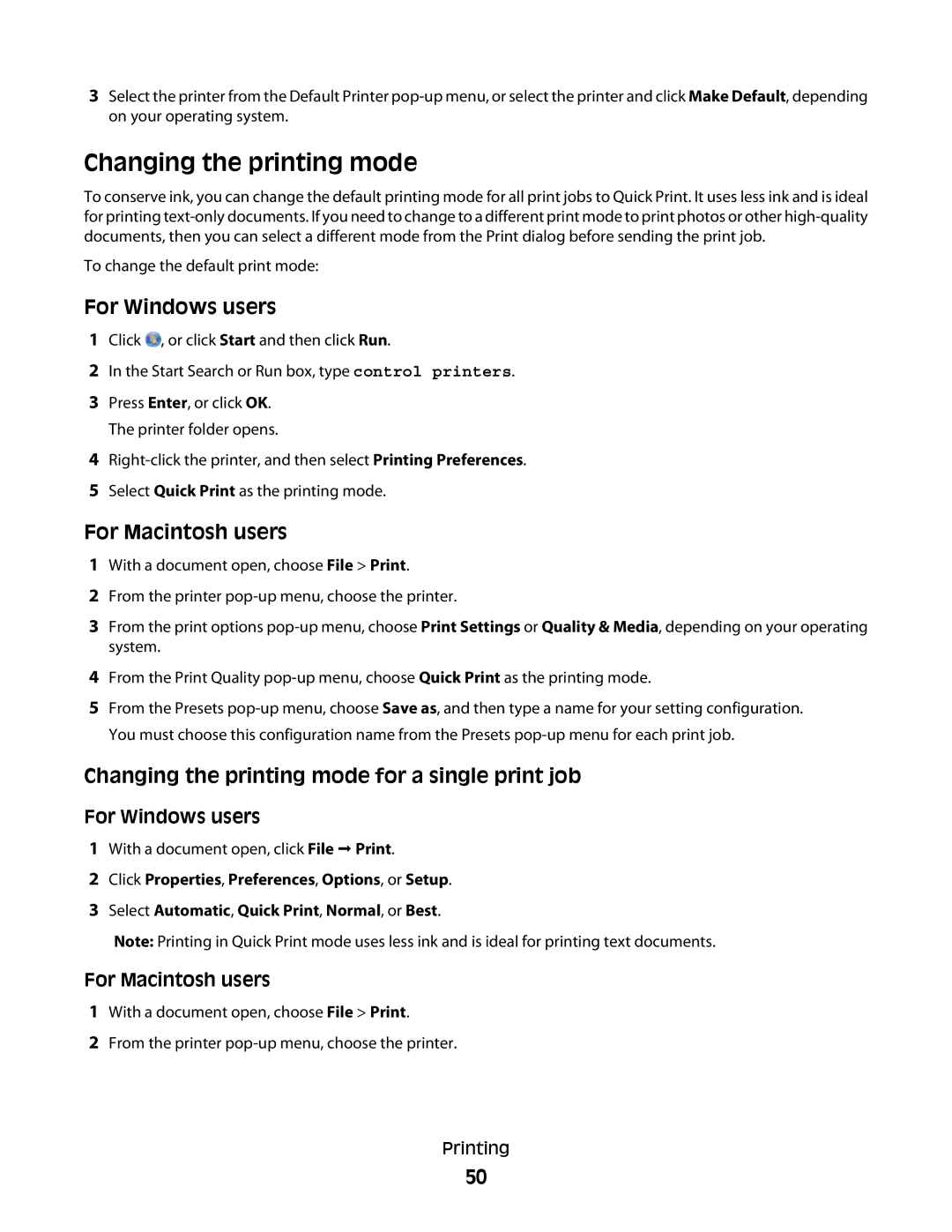 Lexmark S600 Series manual Changing the printing mode for a single print job, For Windows users, For Macintosh users 