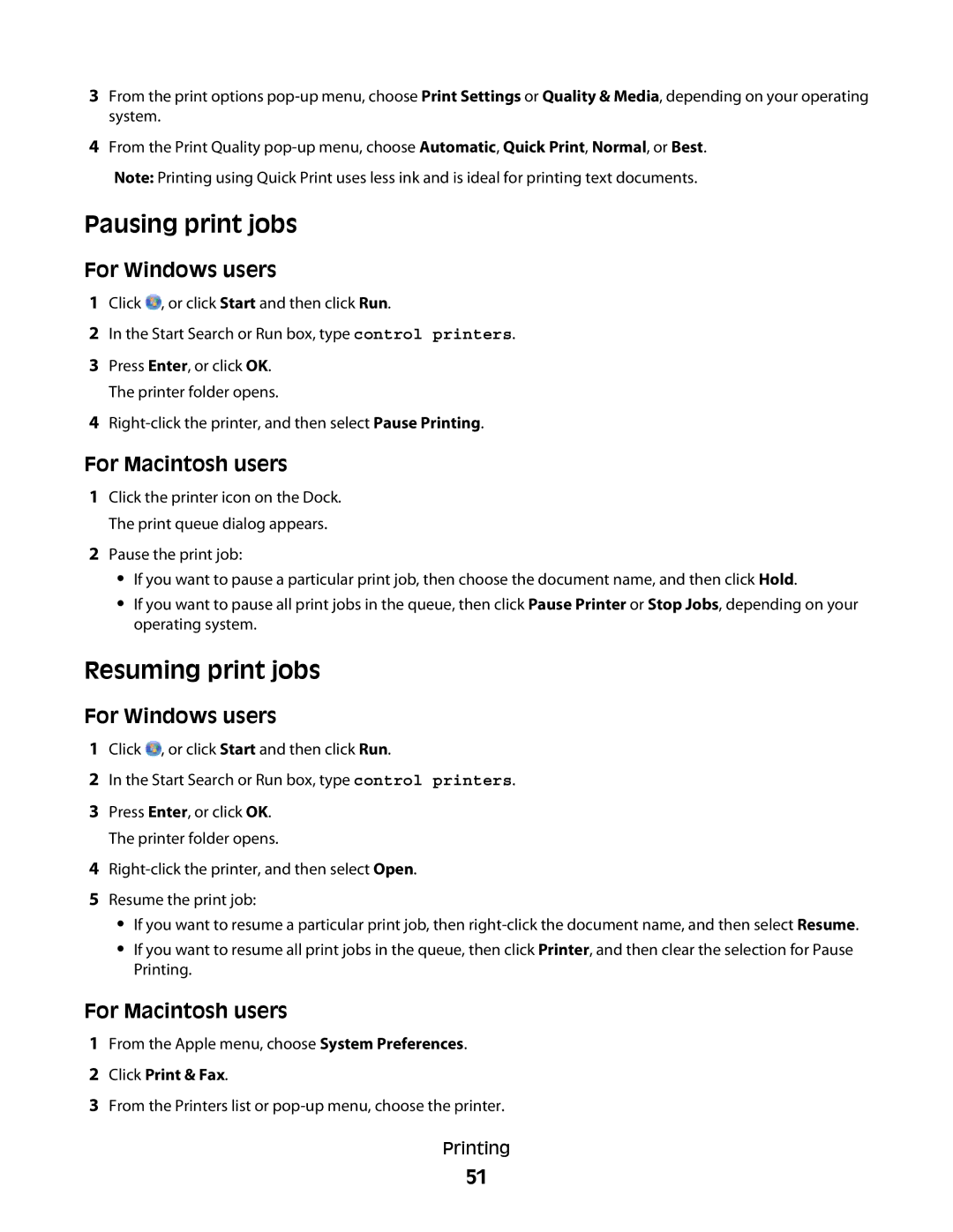 Lexmark S600 Series manual Pausing print jobs, Resuming print jobs 