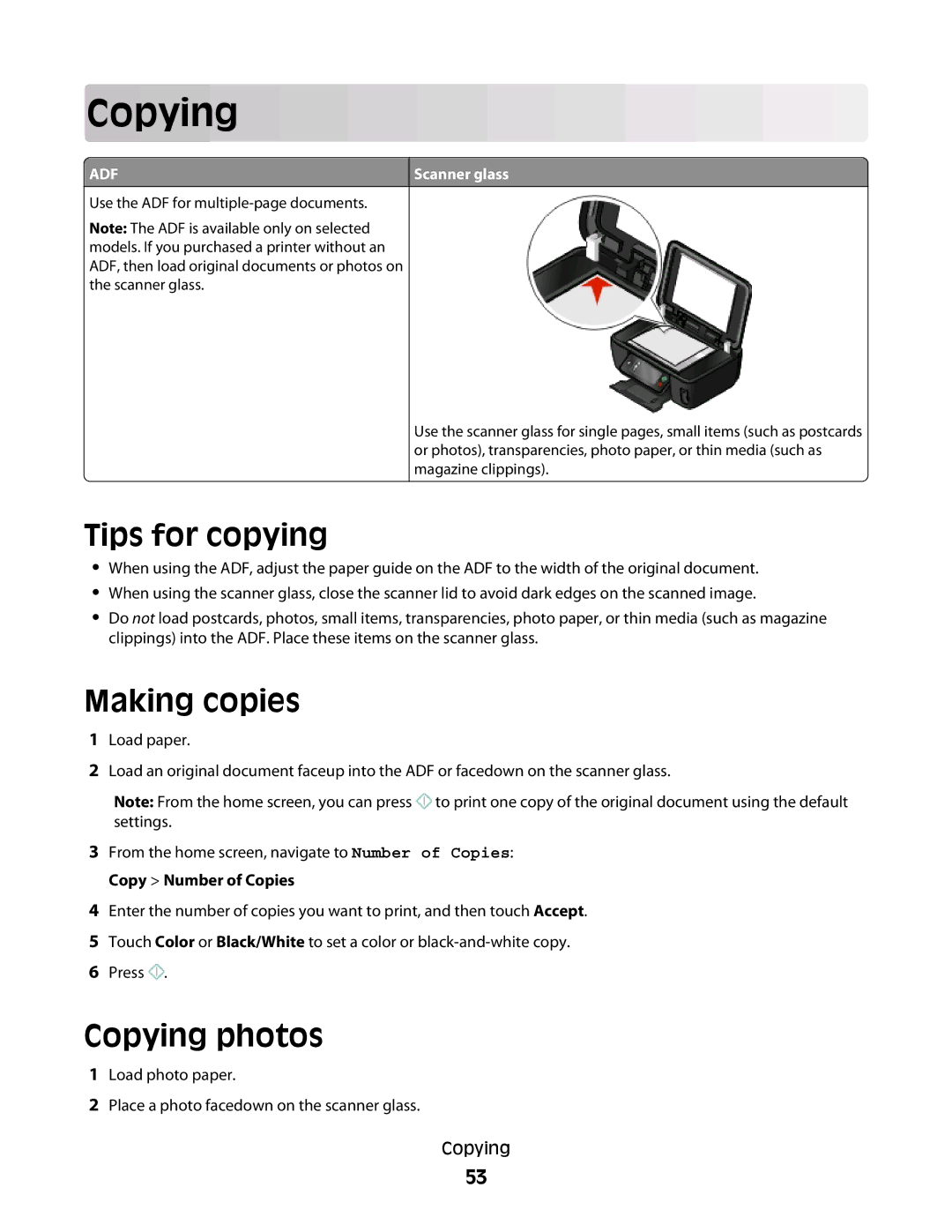 Lexmark S600 Series manual Tips for copying, Making copies, Copying photos 