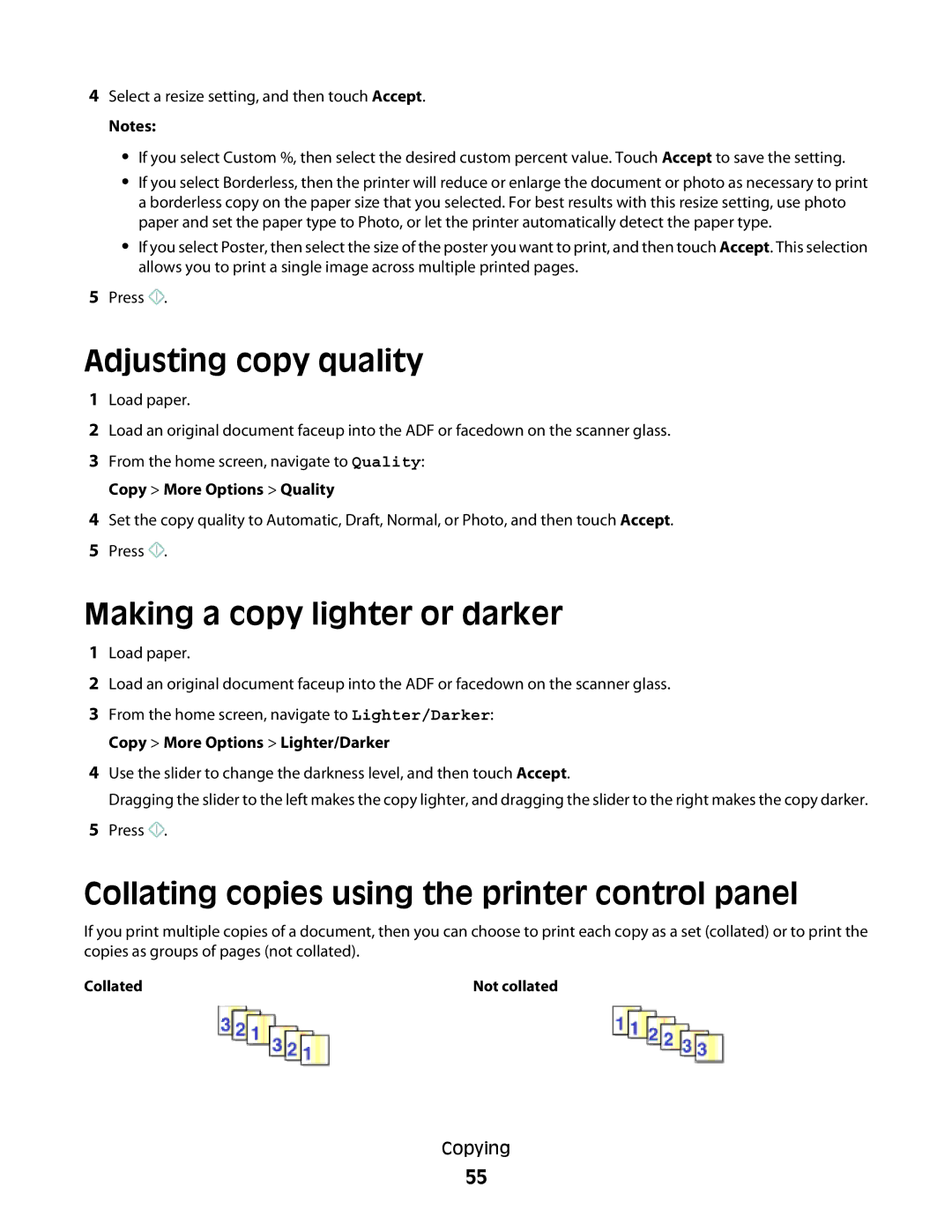 Lexmark S600 Series manual Adjusting copy quality, Making a copy lighter or darker 