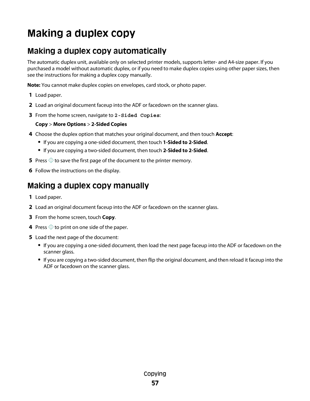 Lexmark S600 Series Making a duplex copy automatically, Making a duplex copy manually 