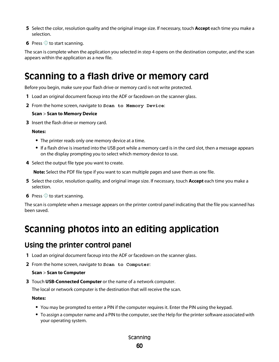 Lexmark S600 Series manual Scanning to a flash drive or memory card, Scanning photos into an editing application 