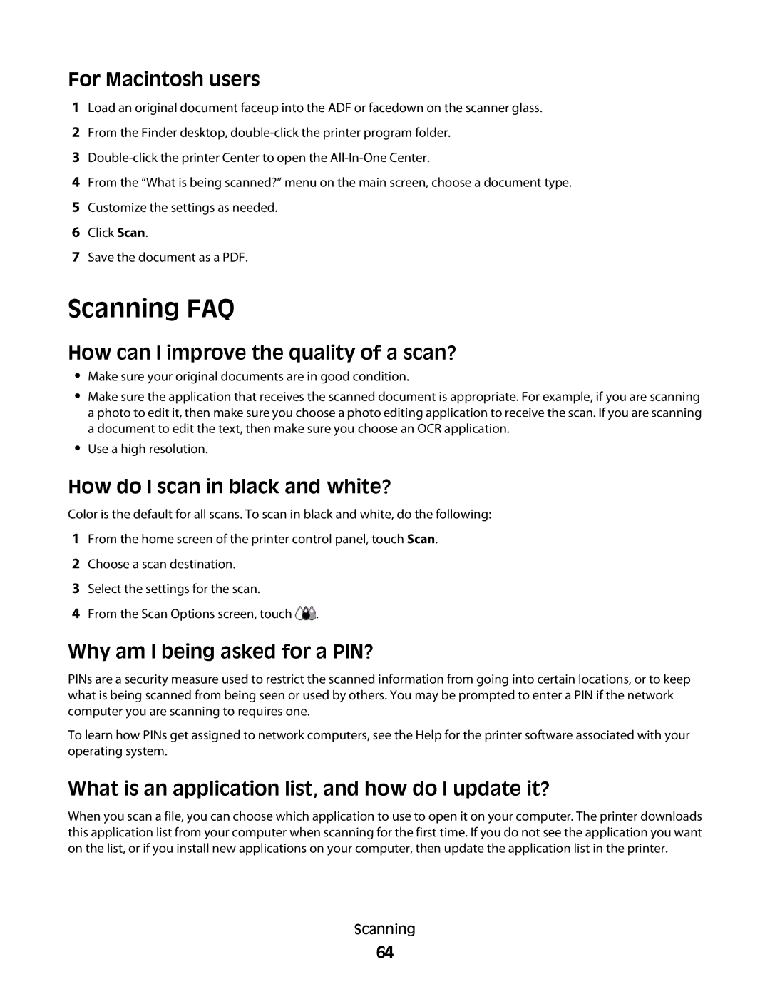 Lexmark S600 Series manual Scanning FAQ, How can I improve the quality of a scan?, How do I scan in black and white? 