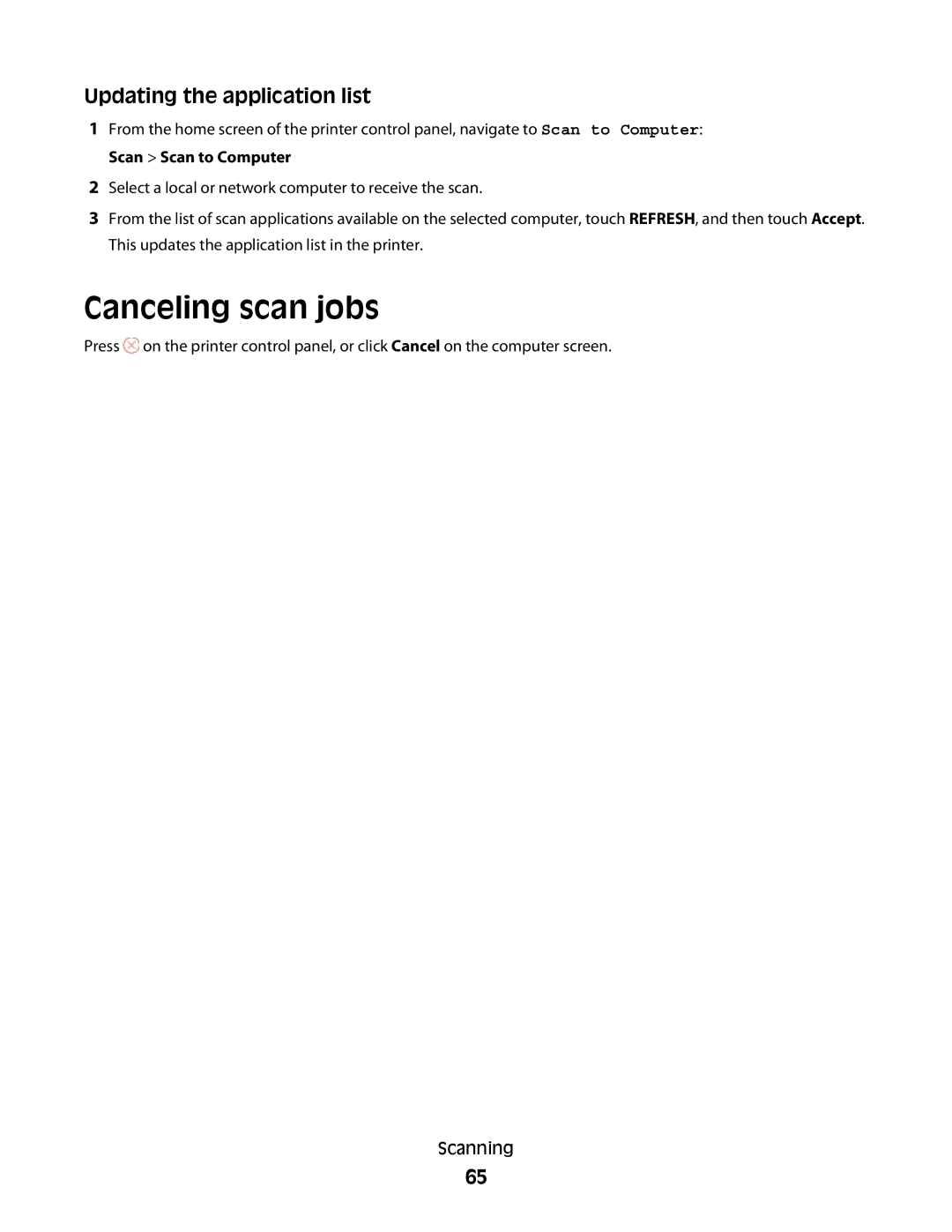 Lexmark S600 Series manual Canceling scan jobs, Updating the application list 