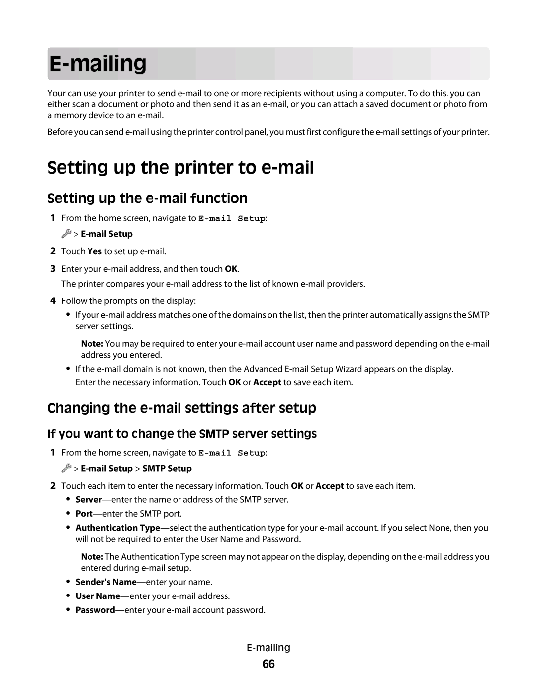 Lexmark S600 Series manual Mailing, Setting up the printer to e-mail, Setting up the e-mail function 