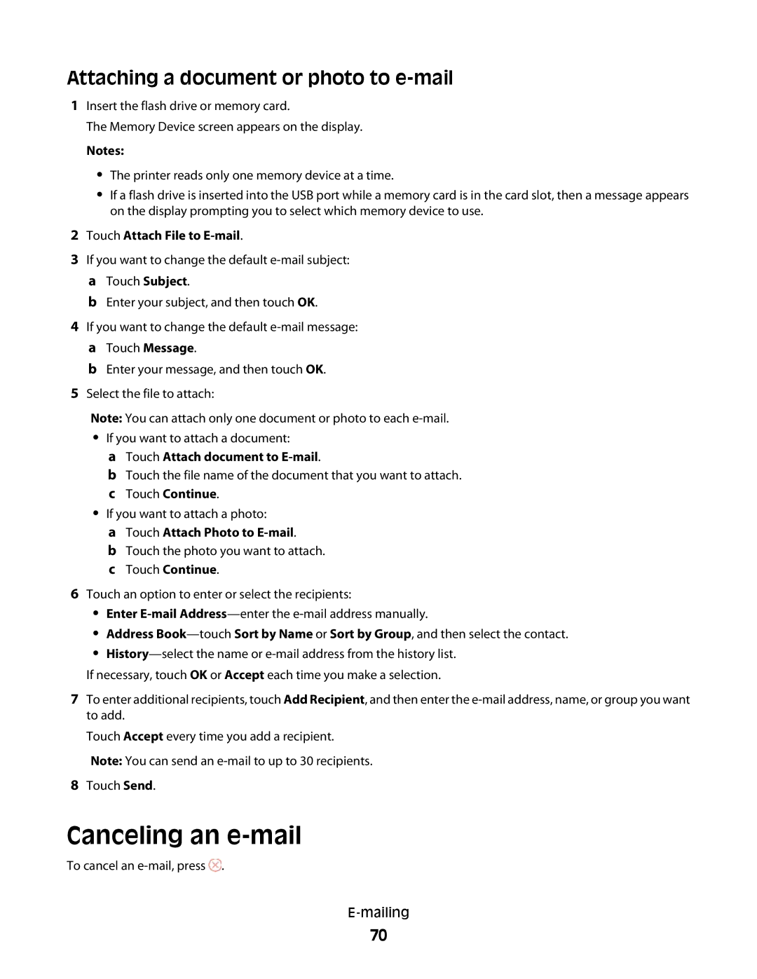 Lexmark S600 Series manual Canceling an e-mail, Attaching a document or photo to e-mail, Touch Attach File to E-mail 