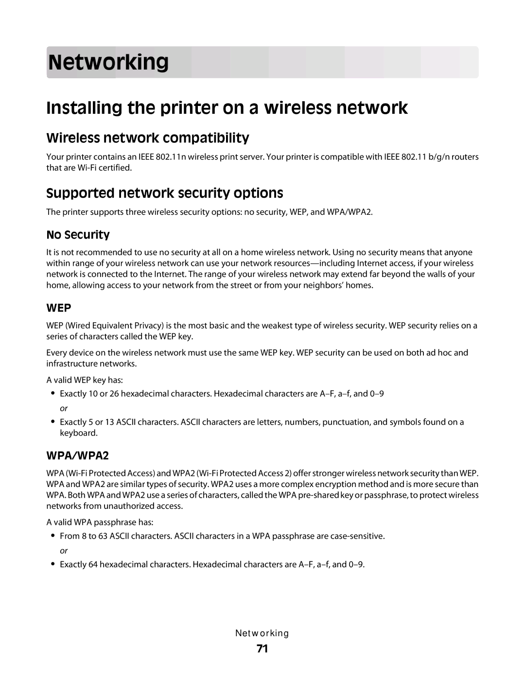 Lexmark S600 Series Networking, Installing the printer on a wireless network, Wireless network compatibility, No Security 