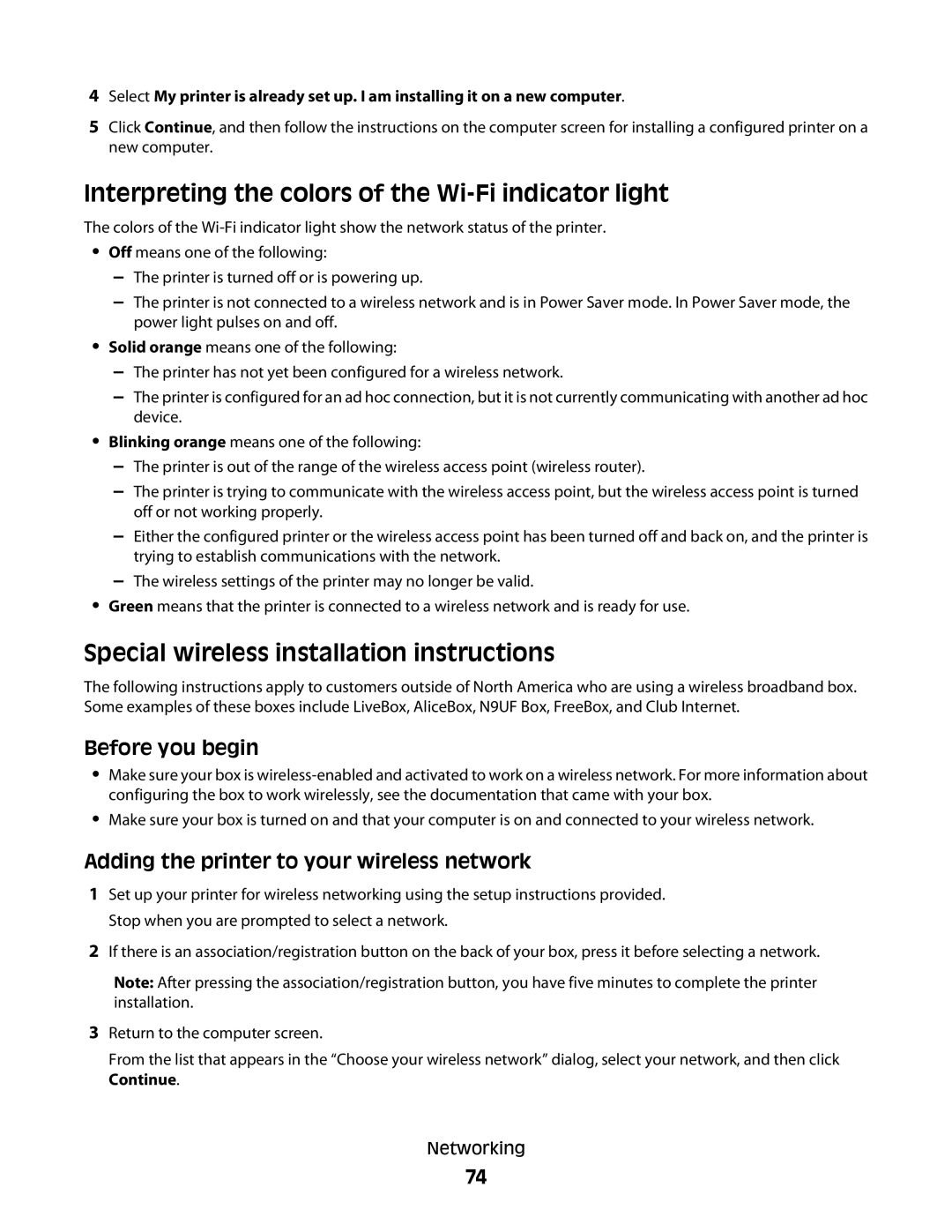 Lexmark S600 Series manual Interpreting the colors of the Wi-Fi indicator light, Special wireless installation instructions 