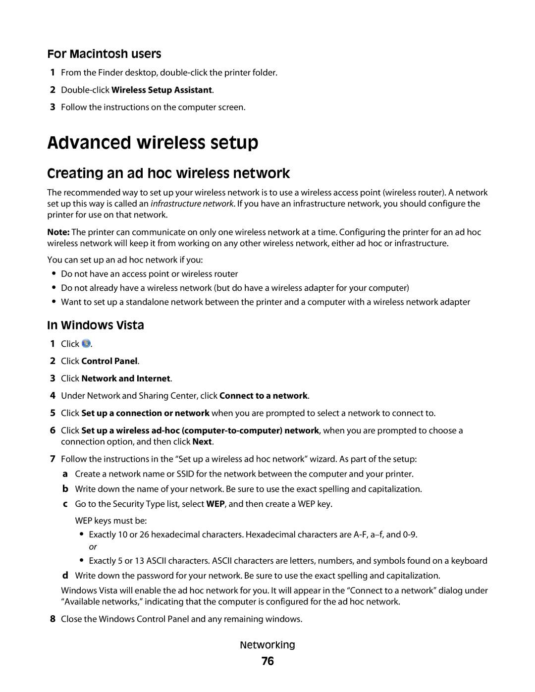 Lexmark S600 Series manual Advanced wireless setup, Creating an ad hoc wireless network, Windows Vista 