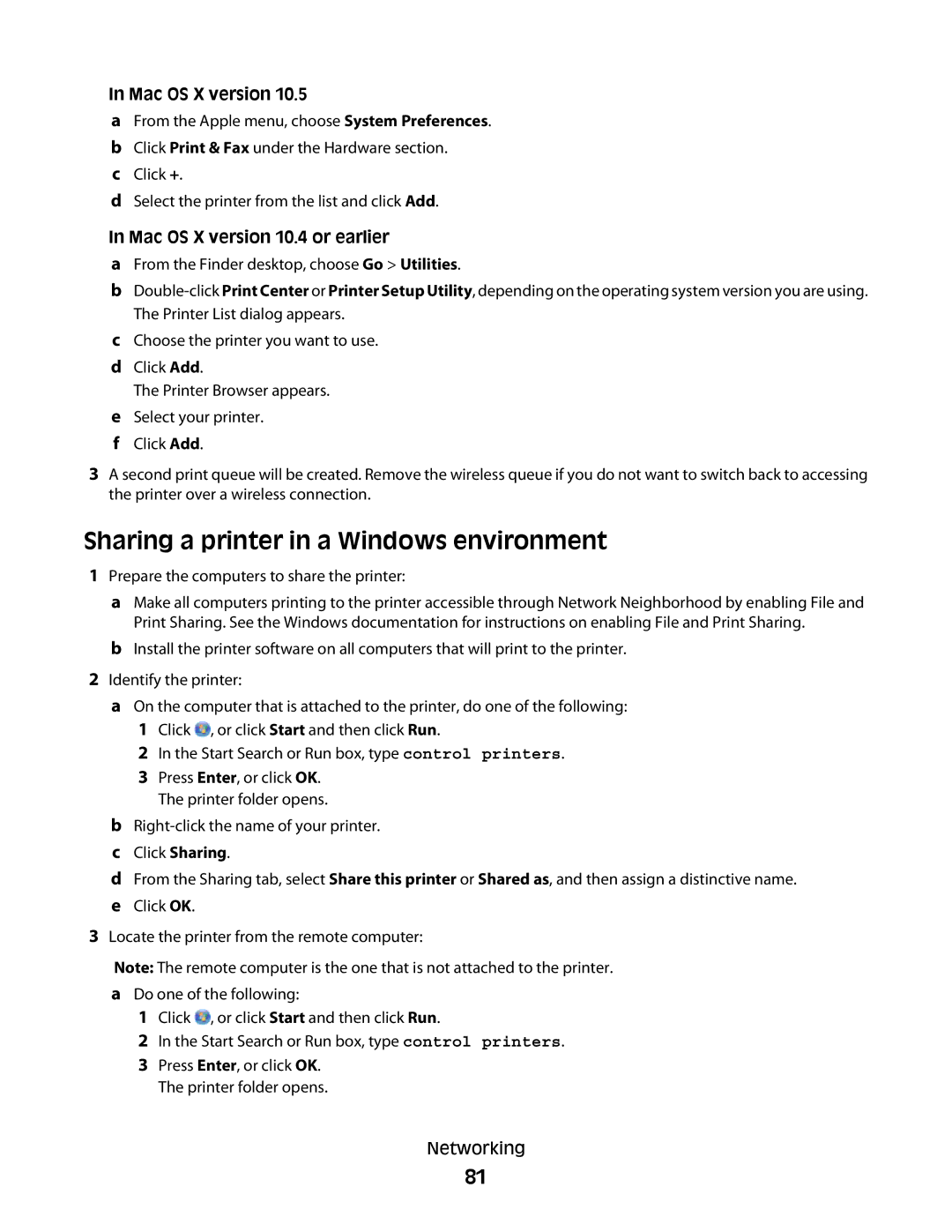 Lexmark S600 Series manual Sharing a printer in a Windows environment, Mac OS X version 10.4 or earlier 