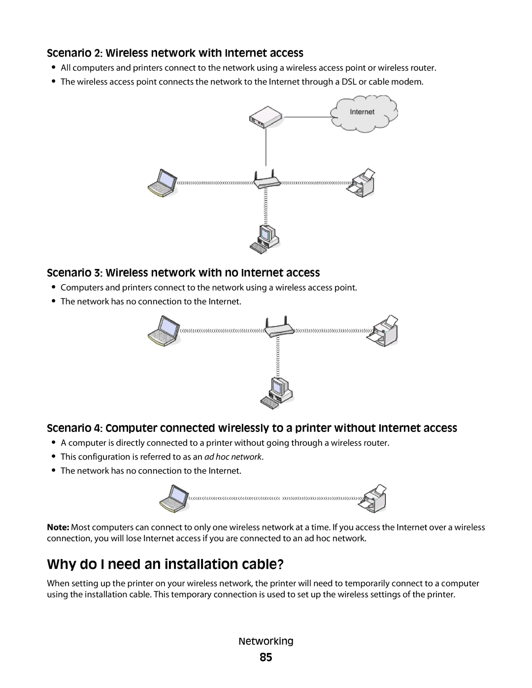 Lexmark S600 Series manual Why do I need an installation cable?, Scenario 2 Wireless network with Internet access 