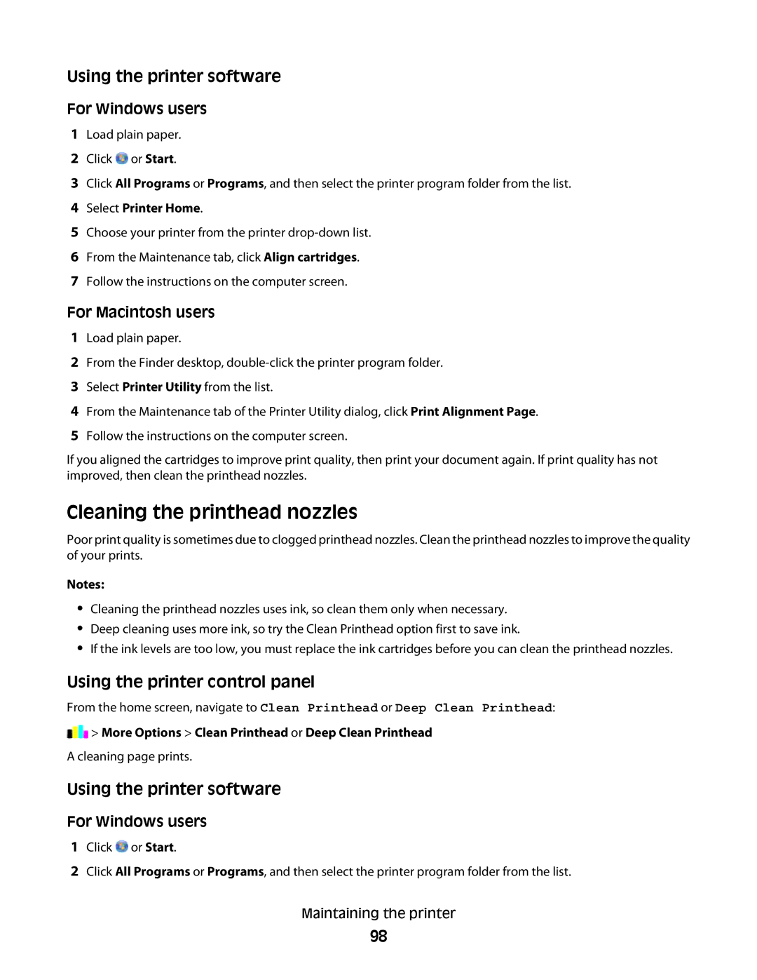 Lexmark S600 Series manual Cleaning the printhead nozzles, More Options Clean Printhead or Deep Clean Printhead 