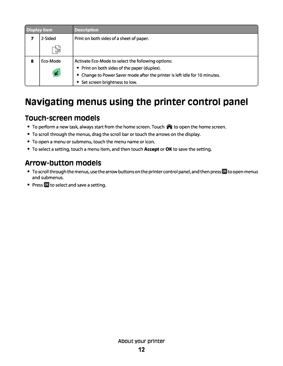 Lexmark S600 manual Navigating menus using the printer control panel, Touch-screen models, Arrow-button models 