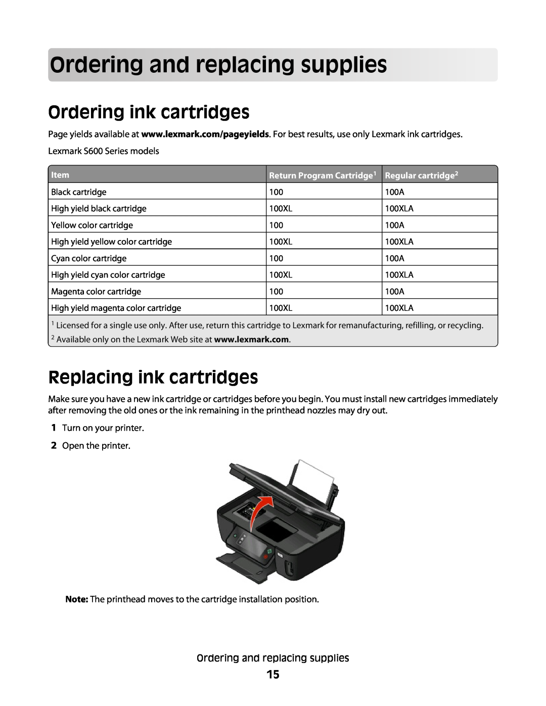 Lexmark S600 manual Orderin gand replacingsupplies, Ordering ink cartridges, Replacing ink cartridges 