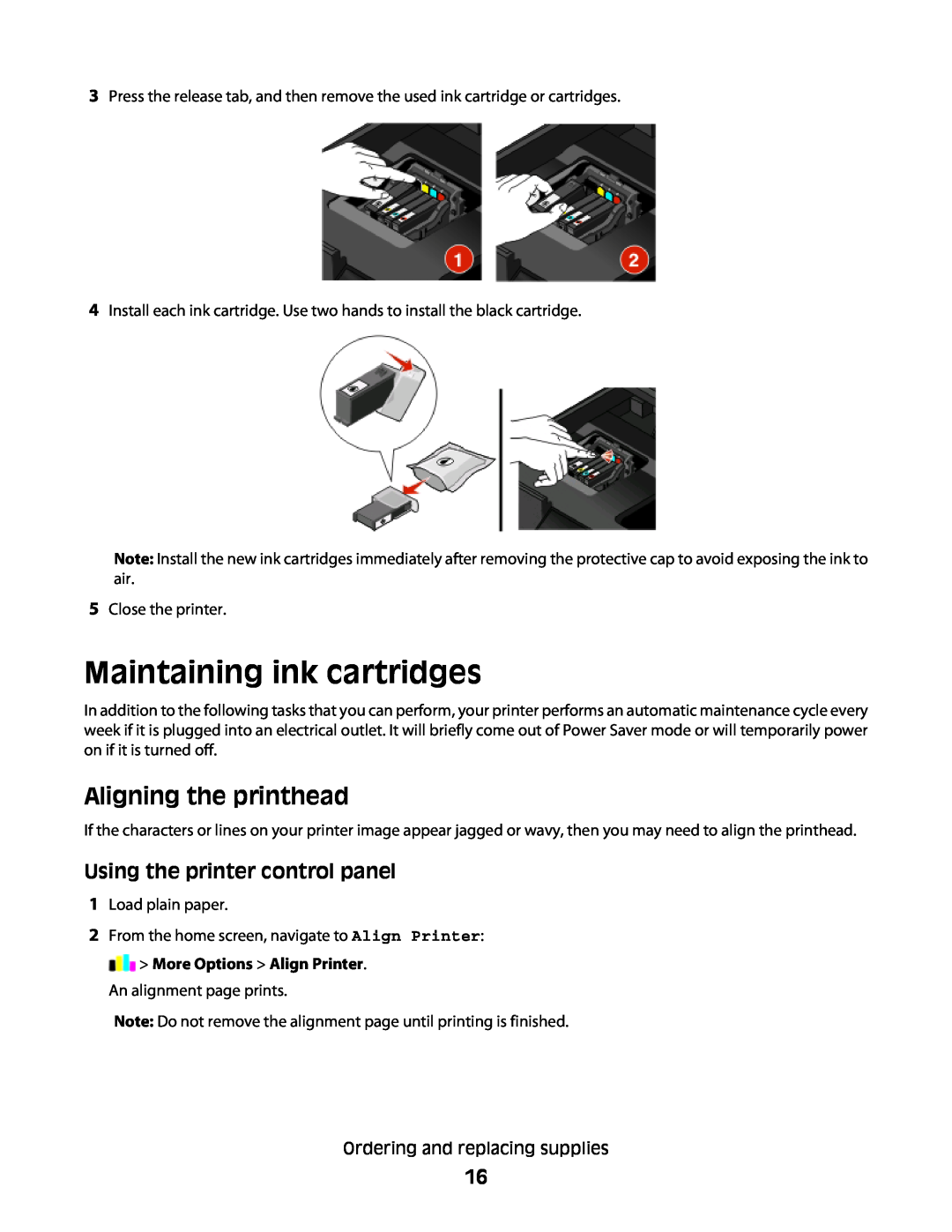 Lexmark S600 manual Maintaining ink cartridges, Aligning the printhead, Using the printer control panel 