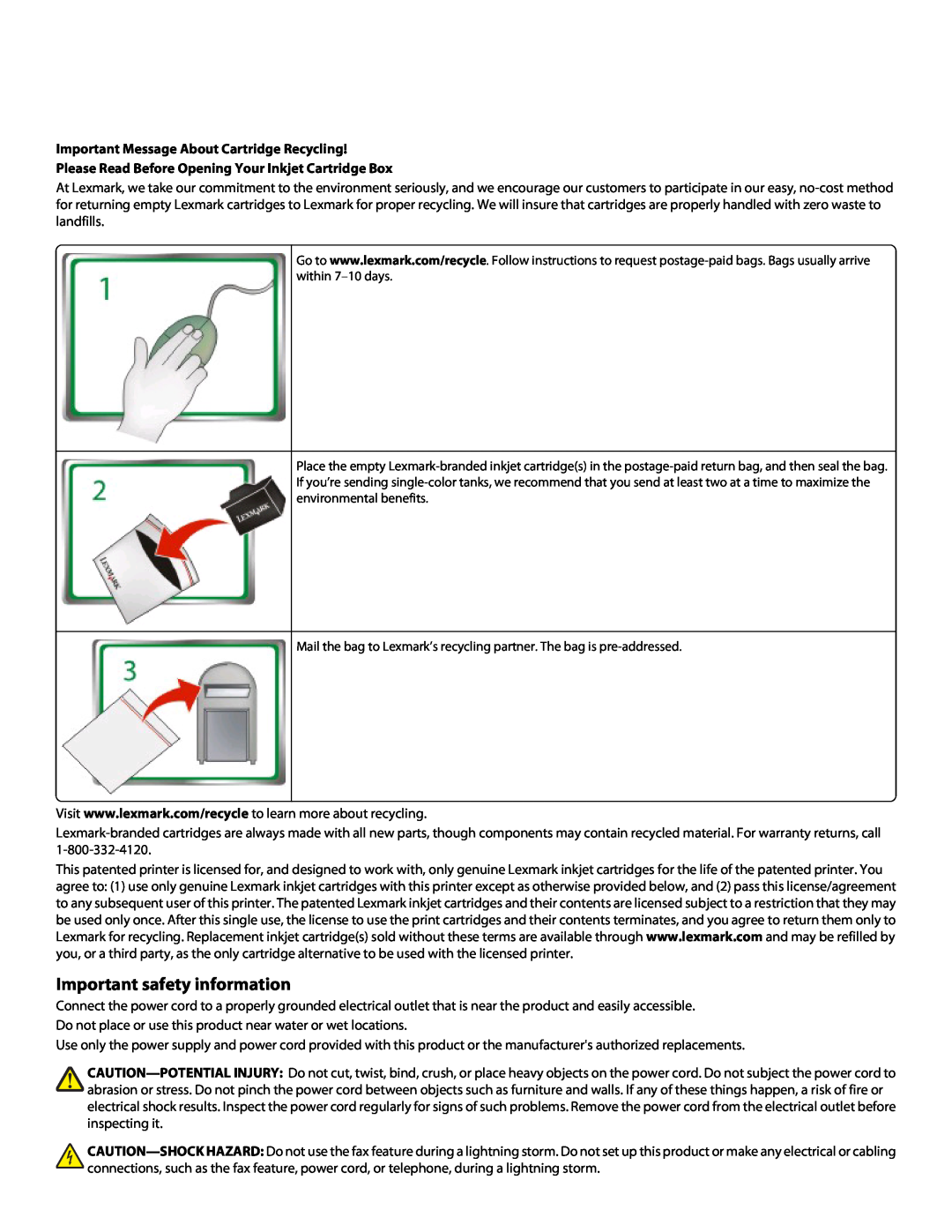 Lexmark S600 manual Important safety information, Important Message About Cartridge Recycling 
