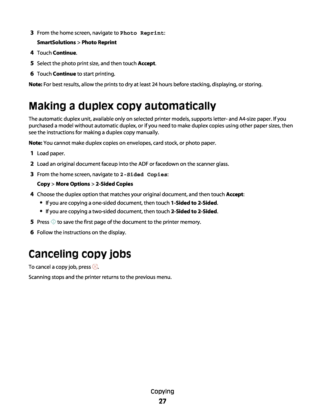 Lexmark S600 manual Making a duplex copy automatically, Canceling copy jobs, Touch Continue 