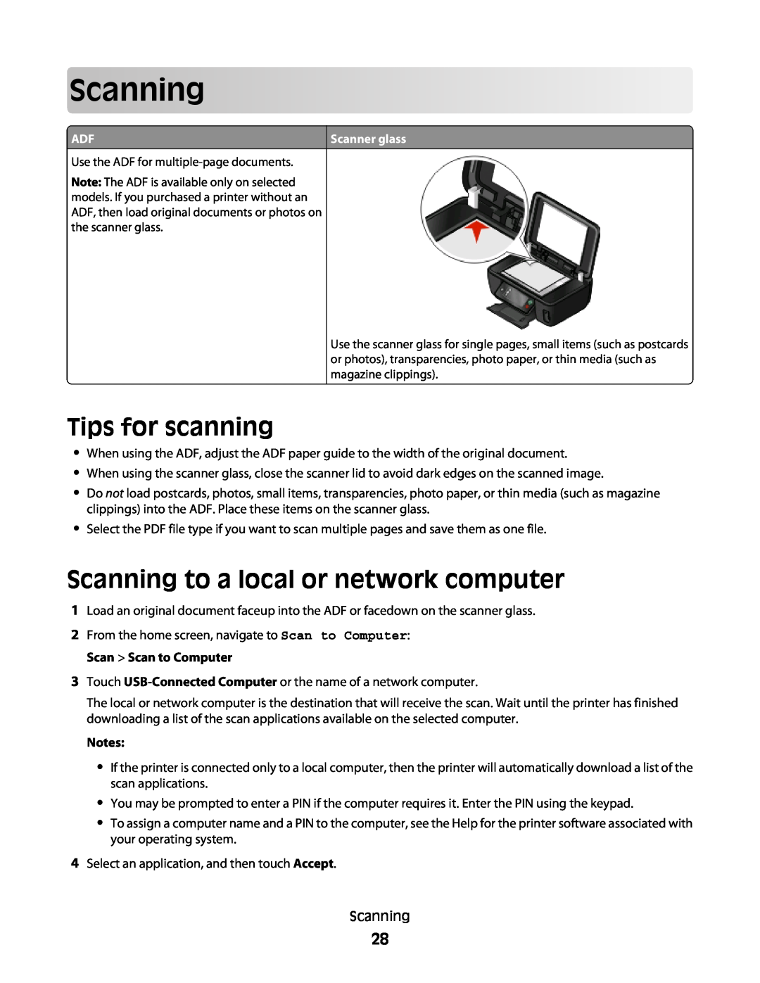 Lexmark S600 manual Tips for scanning, Scanning to a local or network computer 